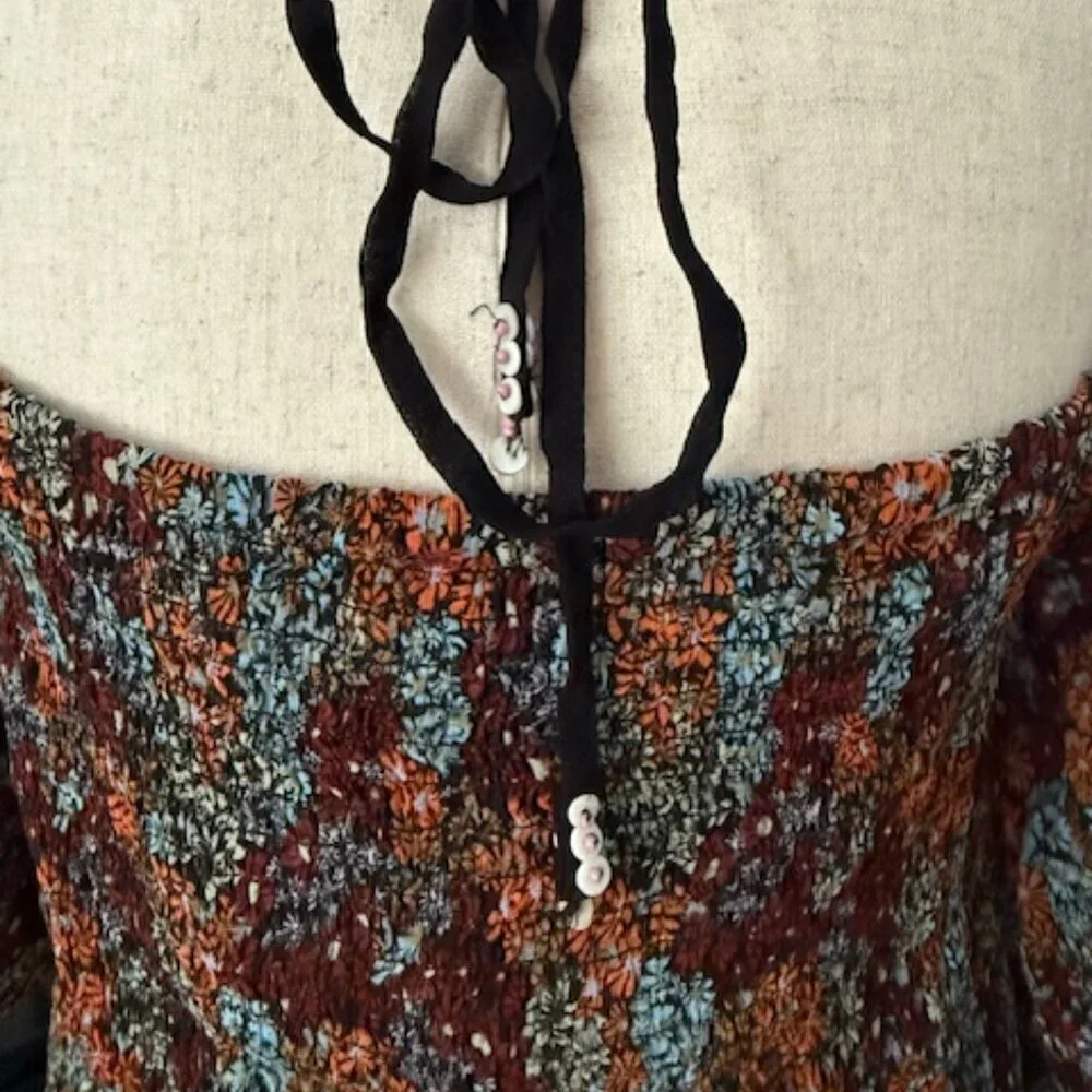 Free People Square Neck Smocked Puff Sleeve Floral Crop Top In Dark Combo Lr NWT